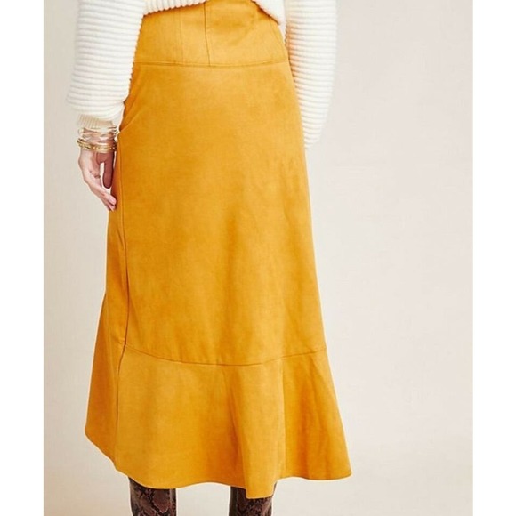 Anthropologie Maeve Orange Flounced Faux Suede Midi Skirt High-low Hem Size 6 - Picture 11 of 12